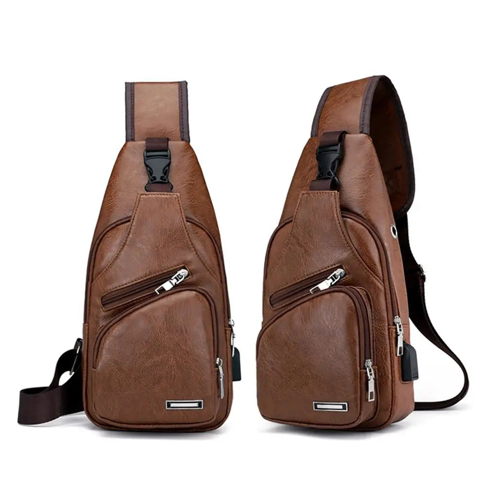 Braune Leder-Crossbody-Tasche für Herren mit Reißverschluss, frontale Ansicht.