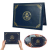 A dark blue leather certificate holder with gold trim and an embossed seal for a birth certificate.