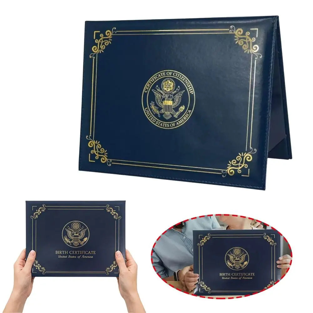 A dark blue leather certificate holder with gold trim and an embossed seal for a birth certificate.