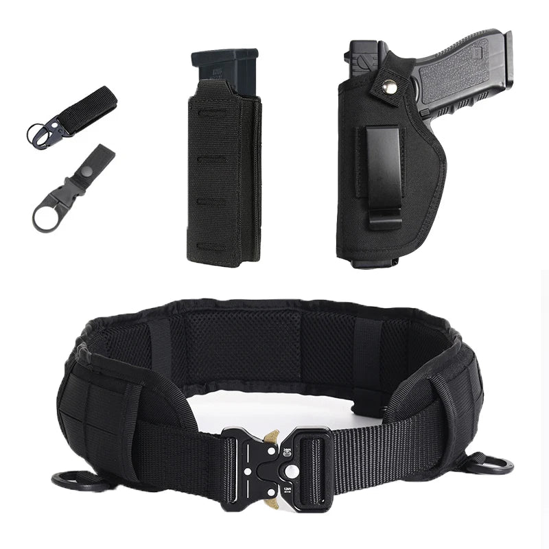 Black universal IWB concealment holster with a metal belt clip and a matching black strap.