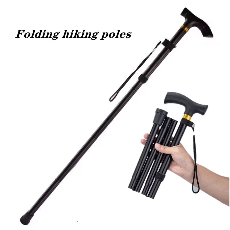 A black folding hiking pole and a bundle of black trekking poles are shown.