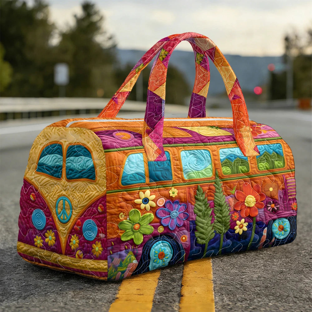 A vintage sunflower quilted duffle bag featuring vibrant floral embroidery in pink, orange, and purple tones.