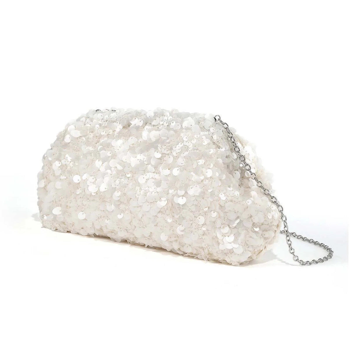 A white beaded chain shoulder clutch bag with a silver chain detail.