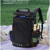 Black insulated picnic backpack holding several glass bottles and accessories