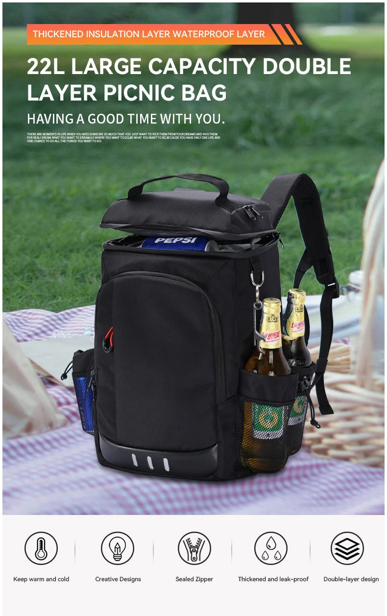 Black insulated picnic backpack holding several glass bottles and accessories