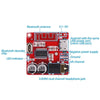 Rote Platine mit Bluetooth-Antenne, Decoder-Chip, LED-Anzeige und 3,5-mm-Kopfhöreranschlüssen