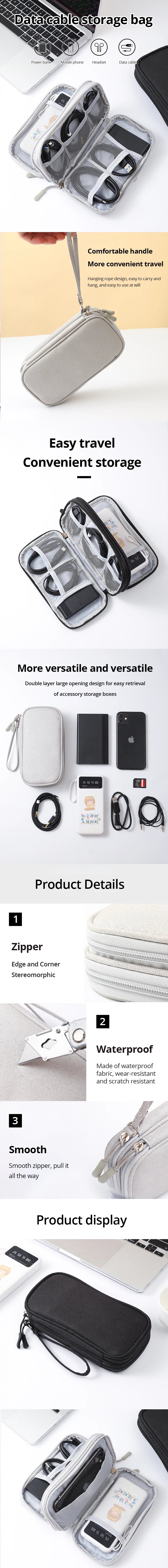A portable digital accessory organizer pouch shown in various views, including an open storage box and a closed pouch.