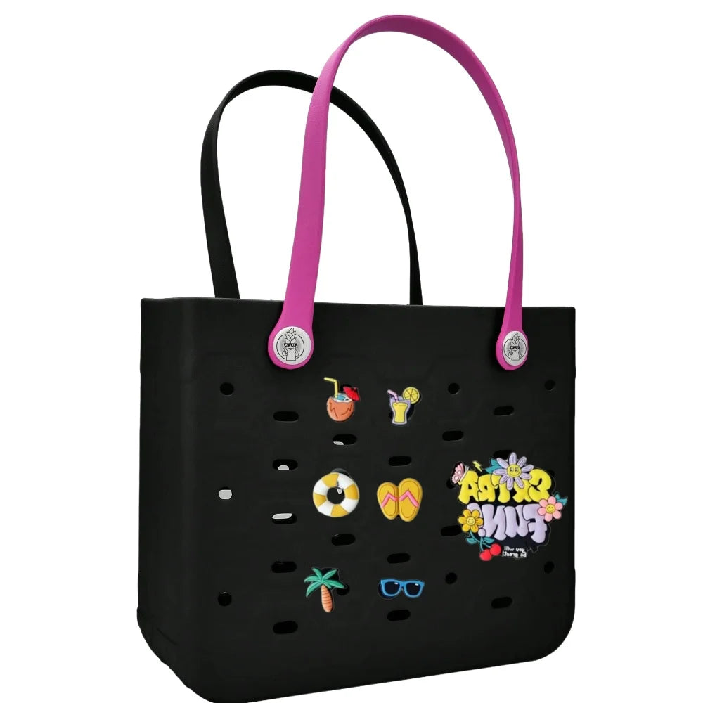 Sac de plage en caoutchouc noir imperméable avec poignée rose et trous décoratifs.