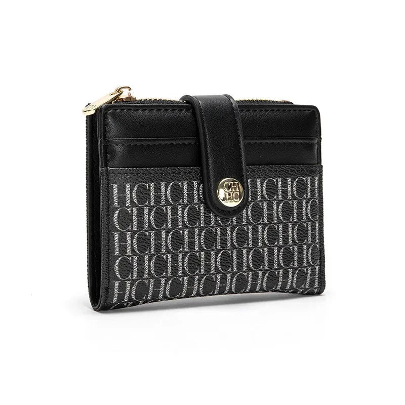 Black leather classic square folding wallet with gold hardware