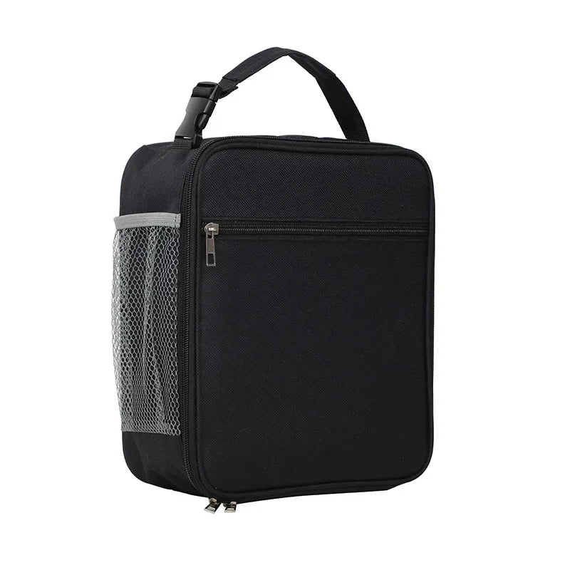Schwarze isolierte Oxford-Stoff-Lunchtasche mit Netztasche und schwarzem Trageriemen