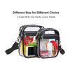Clear transparent crossbody bag with adjustable strap containing various small cosmetic items