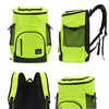 A set of bright lime green and black insulated travel cooler backpacks shown from the front and back views.