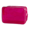 A glossy magenta transparent PVC travel makeup bag with a zipper closure.