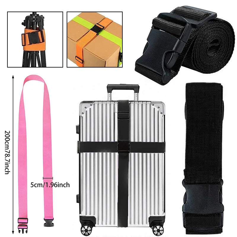 A set of adjustable luggage straps including a strap, a packing strap, and a portable rolling suitcase.