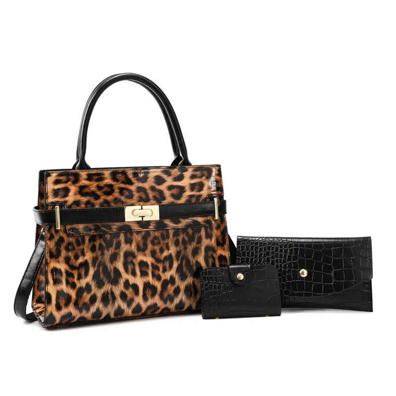 A set of black and brown leopard print PU leather shoulder handbags and a wallet.