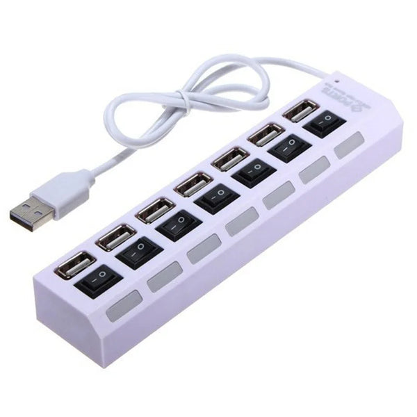 A white 7-port USB splitter hub with on/off switches and a white cable.