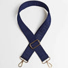 Navy blue adjustable crossbody bag strap with a maze pattern and gold-toned hardware