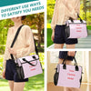 A woman is shown using a pink insulated multifunctional picnic lunch bag with a black strap and a custom image on a sunny out