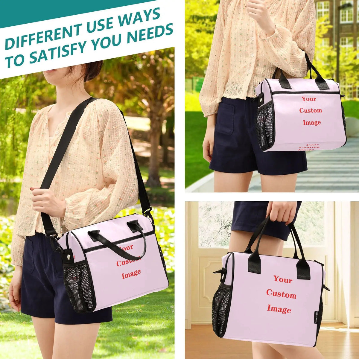 A woman is shown using a pink insulated multifunctional picnic lunch bag with a black strap and a custom image on a sunny out