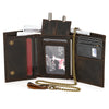 A brown genuine leather trifold wallet with a detachable gold chain and various cards inside.