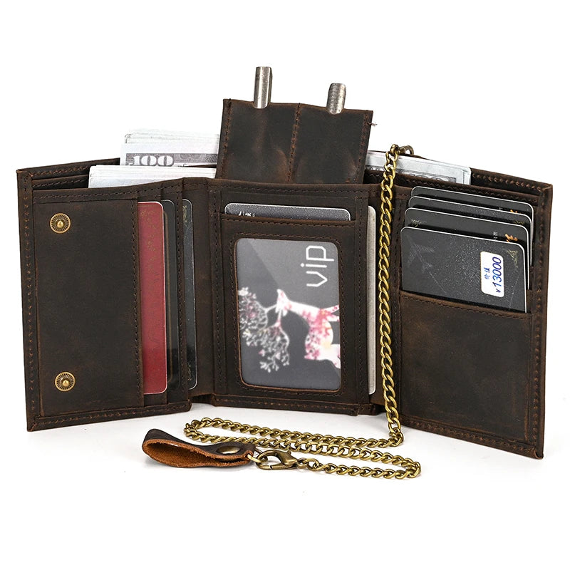 A brown genuine leather trifold wallet with a detachable gold chain and various cards inside.