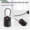 Black ABS plastic lock body with a steel wire cable and three dials for luggage security