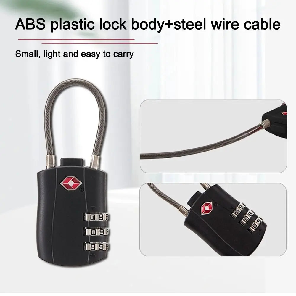 Black ABS plastic lock body with a steel wire cable and three dials for luggage security