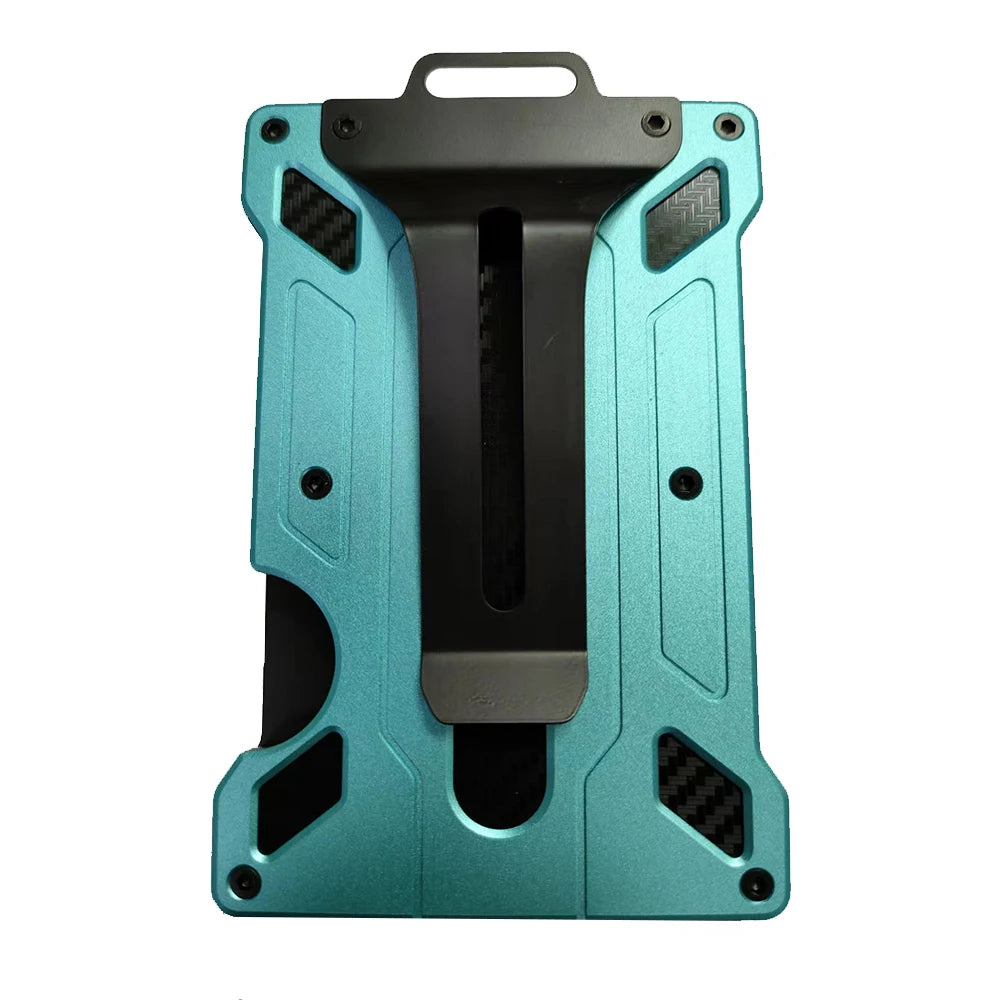 A teal and black slim aluminum metal ID card wallet with a protective case.