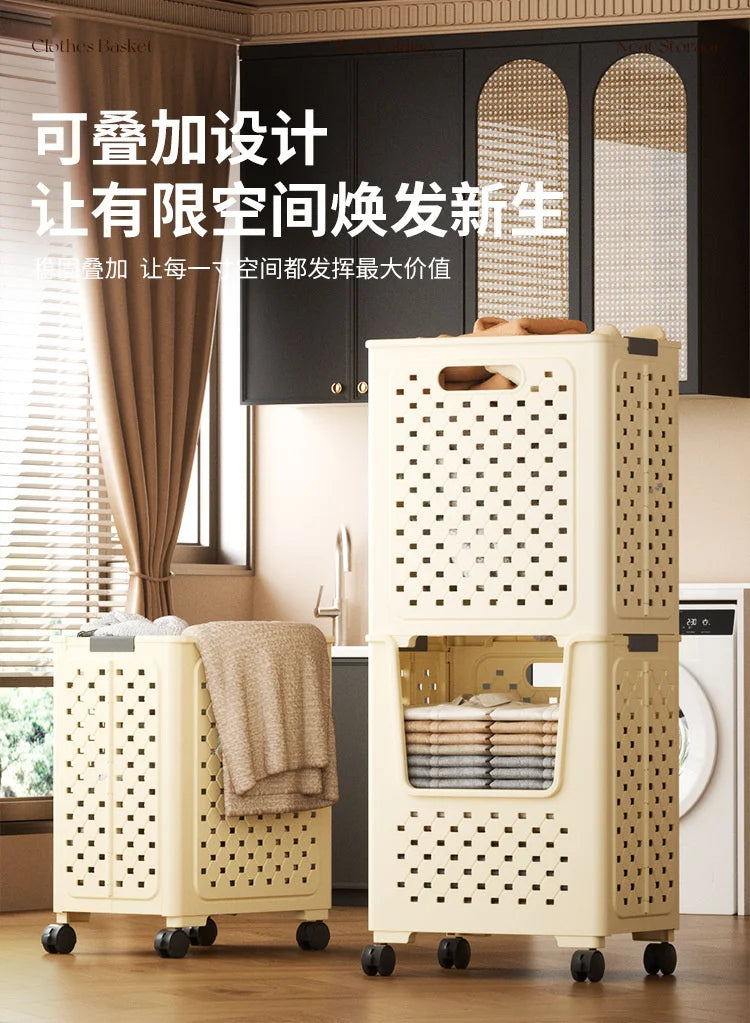 A large, light beige foldable laundry basket with perforated sides and handles is shown in a modern interior setting.