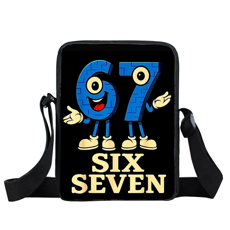 A black pouch featuring the numbers six and seven in blue, designed as a 3-piece kids school backpack set.