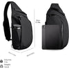Black crossbody sling bag designed to carry a tablet and water bottle.