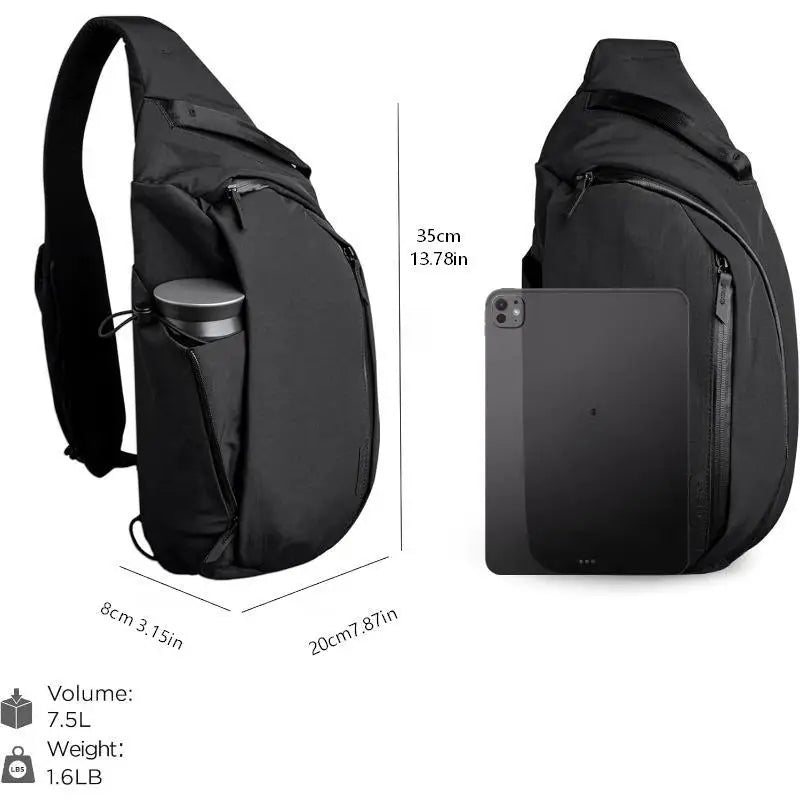 Black crossbody sling bag designed to carry a tablet and water bottle.