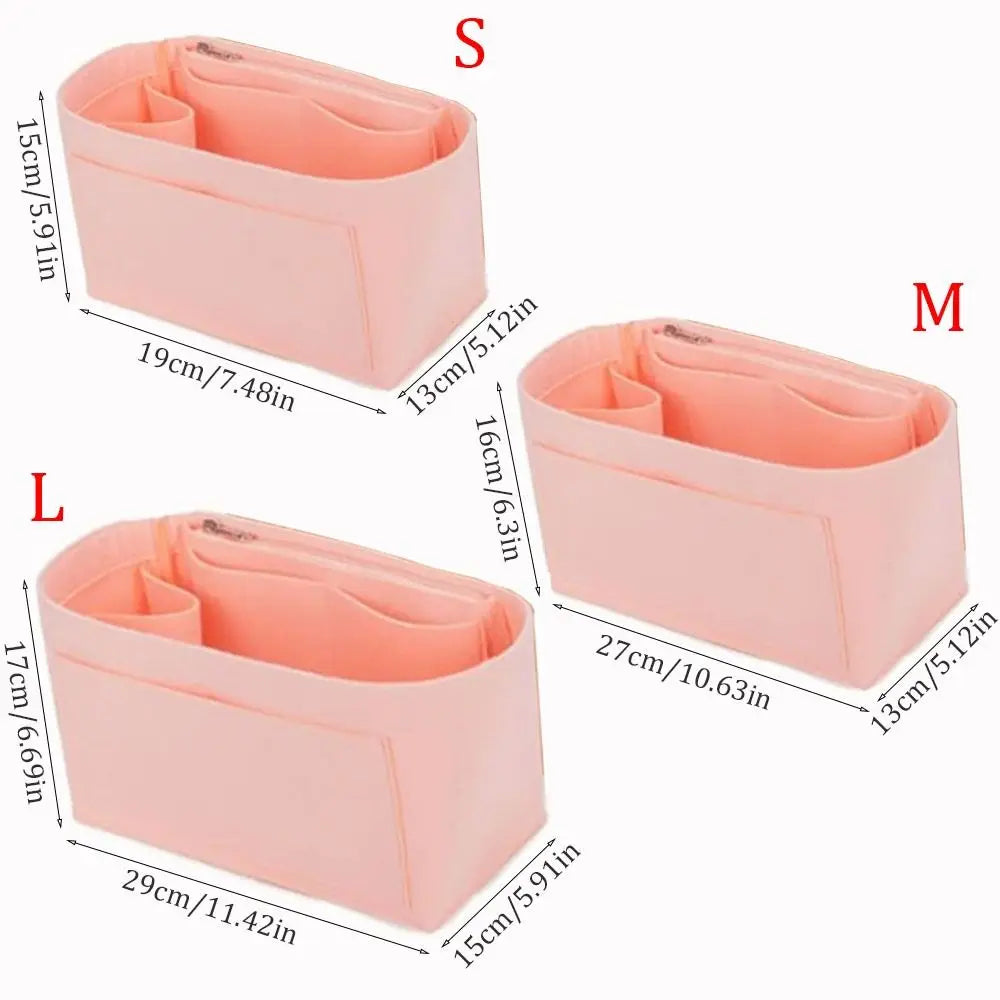 Drei Größen von rosa Filz-Organizer für Handtaschen mit Maßen dargestellt.