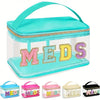 A set of clear toiletry bags with personalized letters MEDS in various colors including pink, yellow, and black.