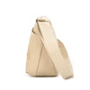 A beige waterproof nylon crossbody bag with a tan strap shown from the side.
