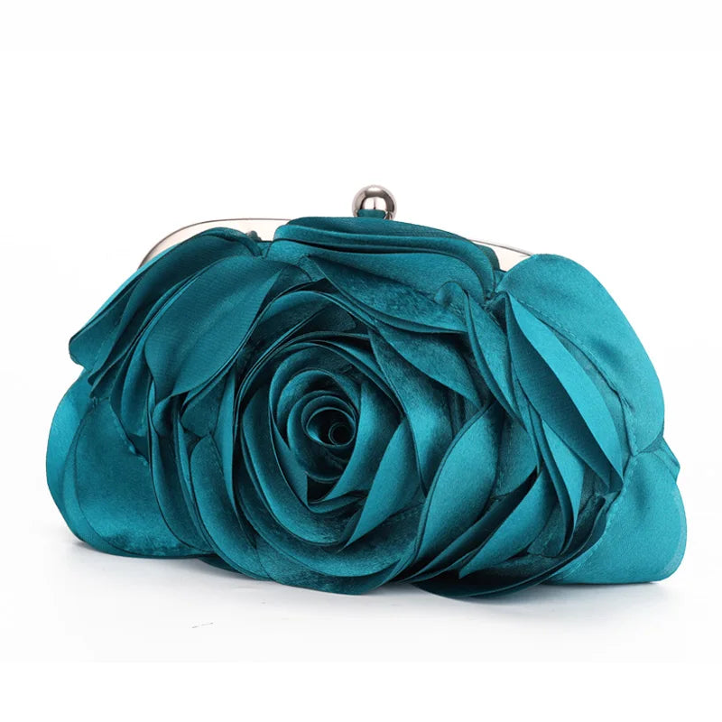 Teal satin rose floral evening clutch bag with a silver chain strap
