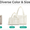 Three lightweight quilted crossbody tote bags in beige and black, shown side by side.
