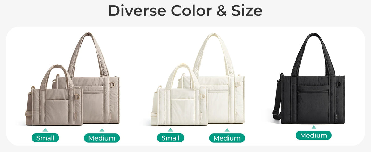 Three lightweight quilted crossbody tote bags in beige and black, shown side by side.