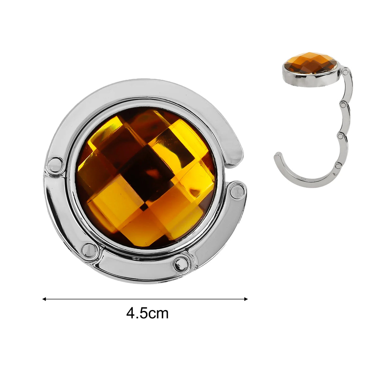 Round acrylic foldable hook with a golden amber-colored top and silver metal ring.