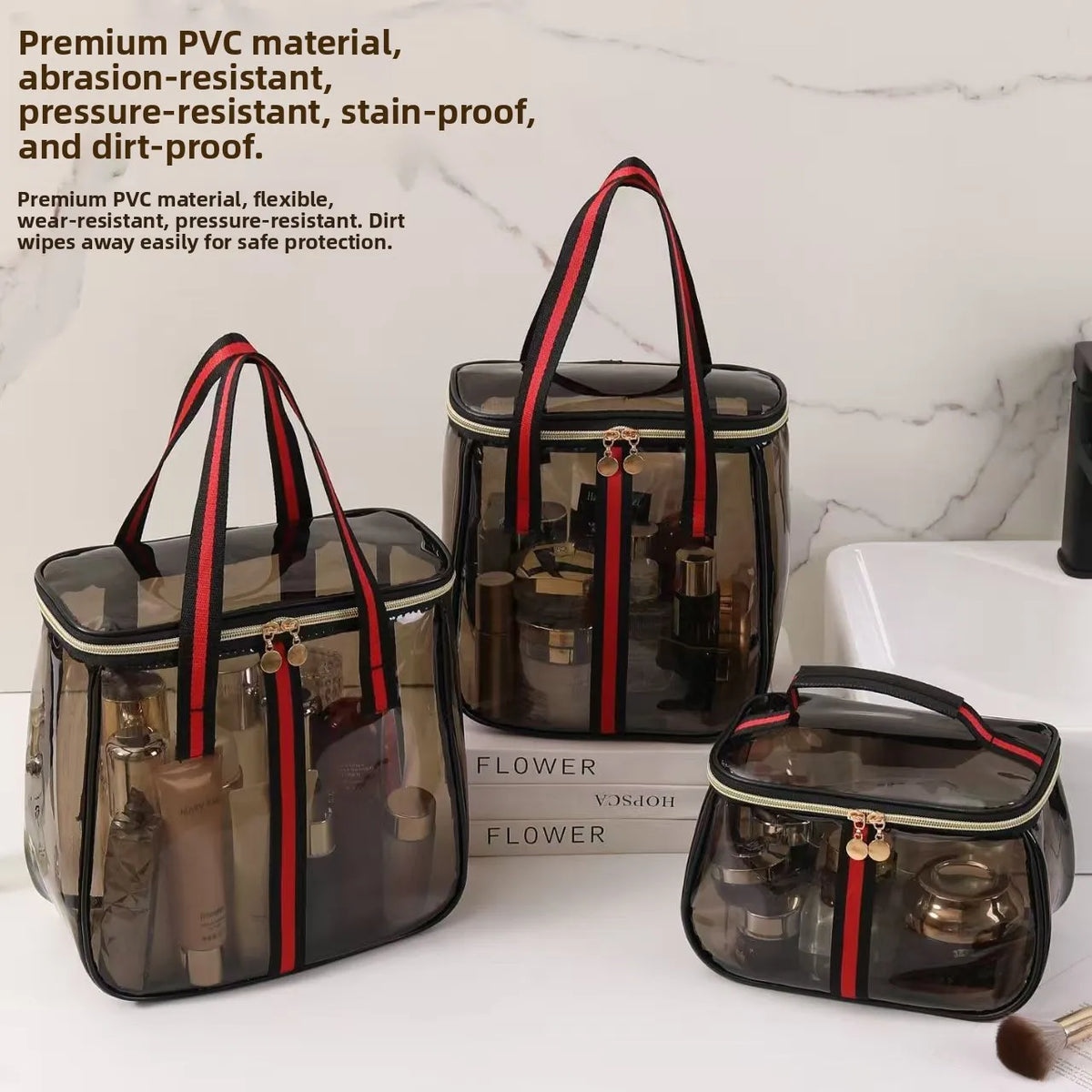 A set of premium PVC toiletry bags in black and red for travel and personal use.