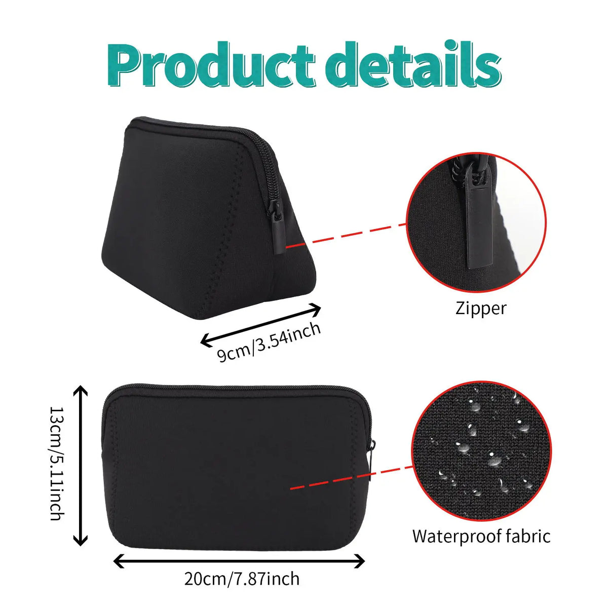 Black portable neoprene cosmetic organizer bag showing dimensions and features like a zipper and waterproof fabric.