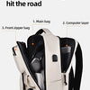 A beige and black professional storage backpack shown with internal compartments for bags and a computer layer.