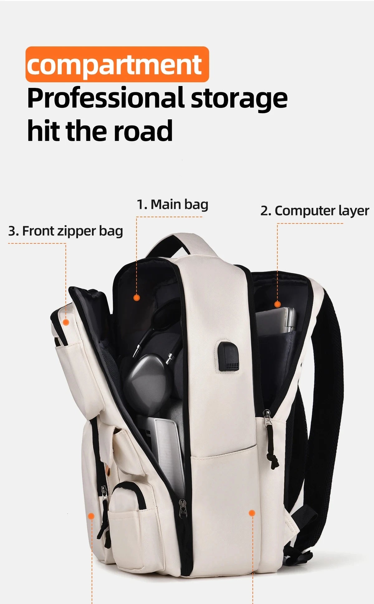 A beige and black professional storage backpack shown with internal compartments for bags and a computer layer.