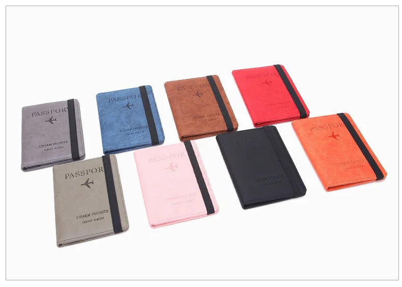 A collection of ten passport holders in various shades including gray, blue, red, orange, and pink.