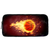 A black backpack featuring a fiery orange basketball design on the front.
