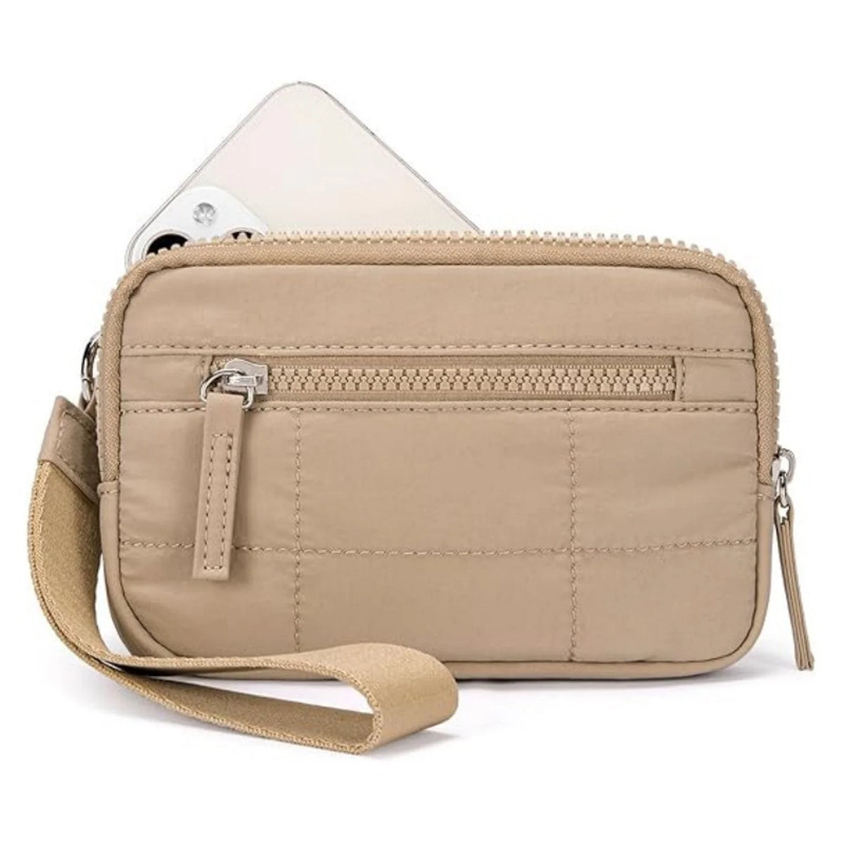 Bolso cruz acolchado beige con solapa y correa mostrado contra fondo blanco