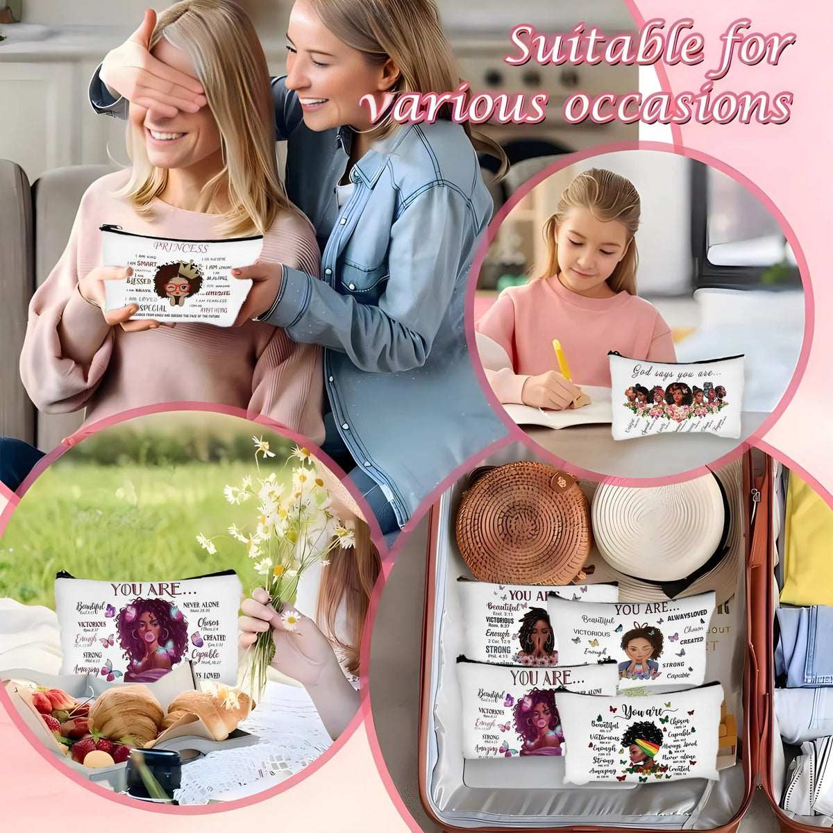 Six inspirational linen cosmetic bags featuring various quotes and designs for different occasions