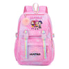 Pink Huntrix laptop backpack featuring a sparkly design and characters on the front