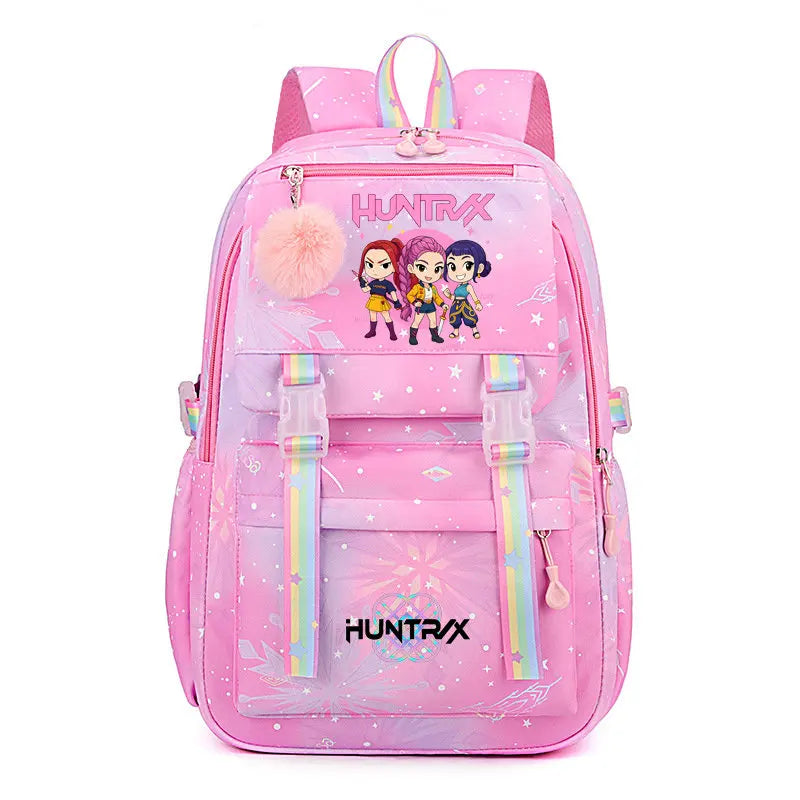 Pink Huntrix laptop backpack featuring a sparkly design and characters on the front