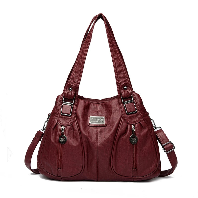 Maroon Vintage weiches PU-Leder-Schultertasche mit Klappverschluss und Lederbesatz.